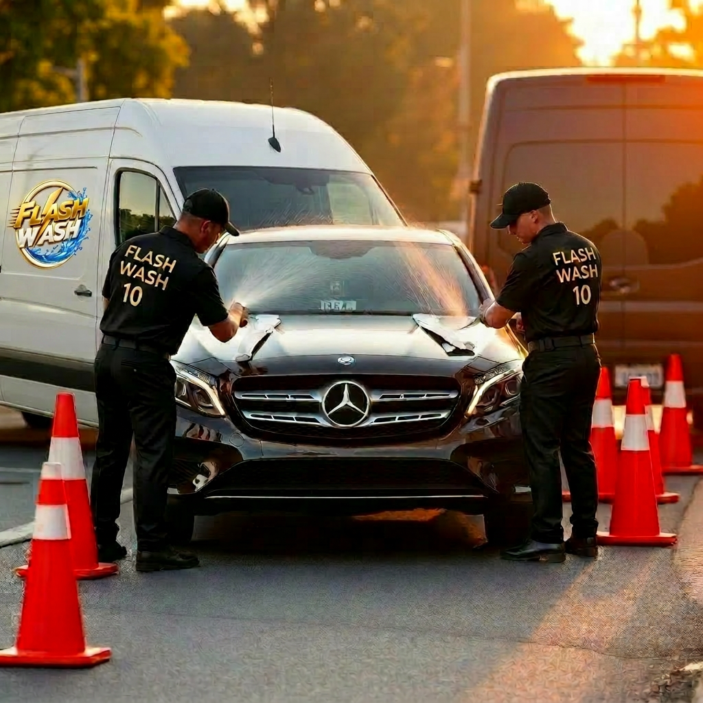 Equipe uniformizada atendendo veículos entre cones, com a Sprinter posicionada ao lado.