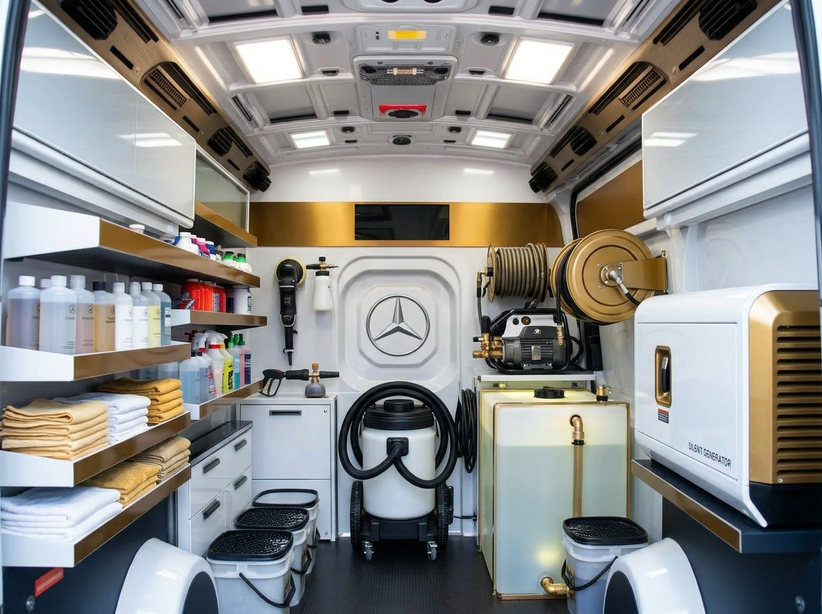 Interior do furgão Mercedes Sprinter equipado como oficina móvel de lava-jato